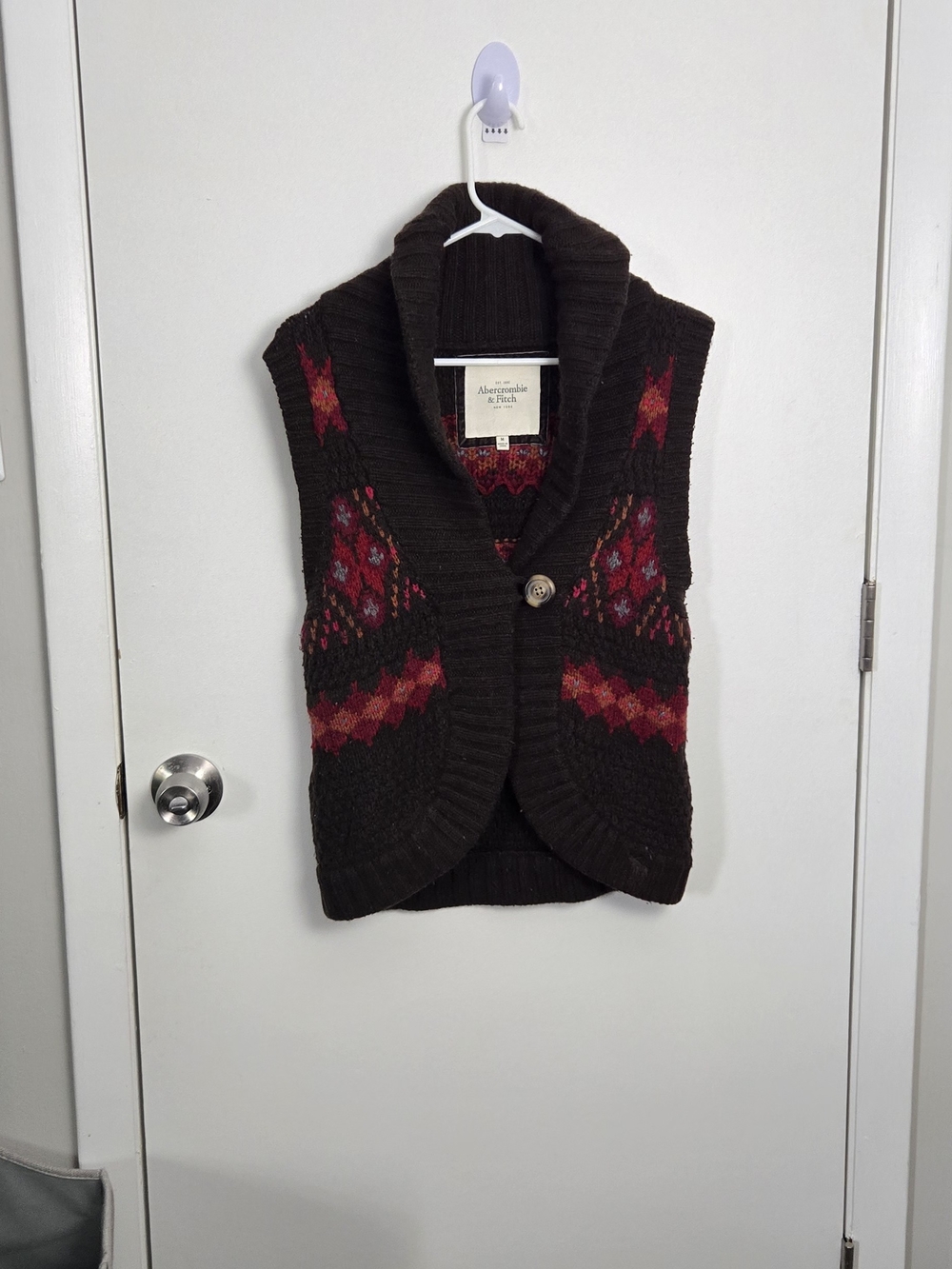 Abercrombie & Fitch Dark Brown Knit Vest with Red Pattern